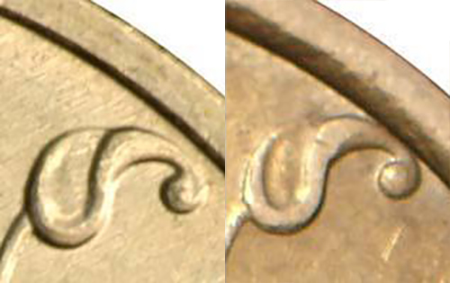 Элемент растительного орнамента у обычной и редкой монеты 1 рубль 1998 года ММД
